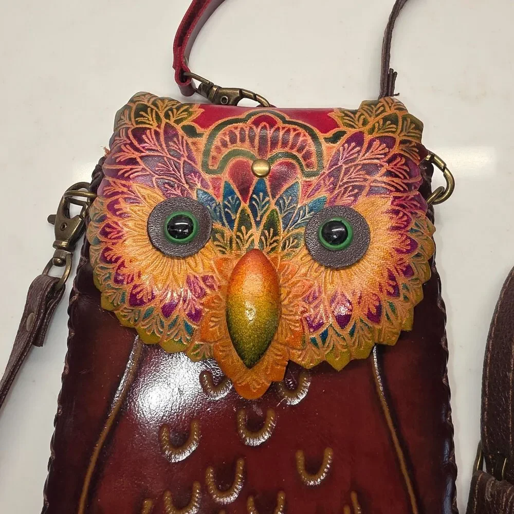 Genuine Leather  Colorful Owl Cross-body Wallet/Purse